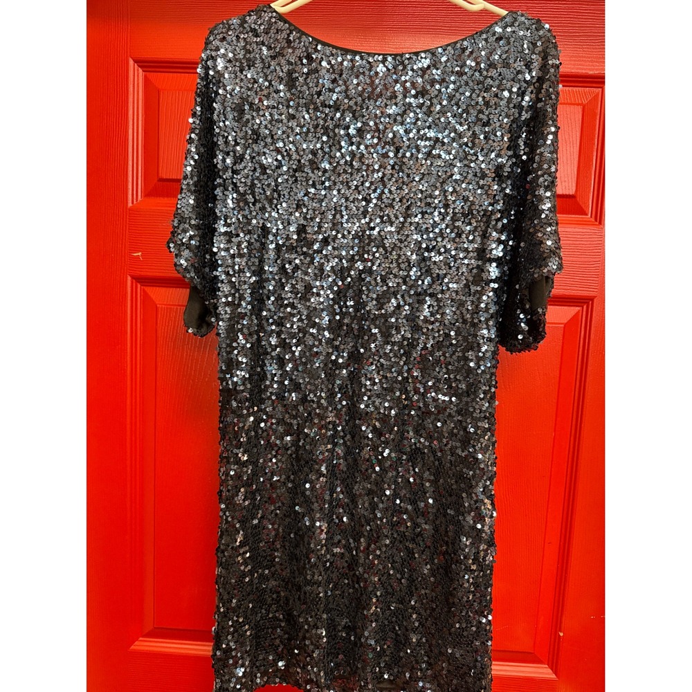 Cache Sequin Cocktail Dress Dark Grey Charcoal Short Sleeve Keyhole Back Size 6
